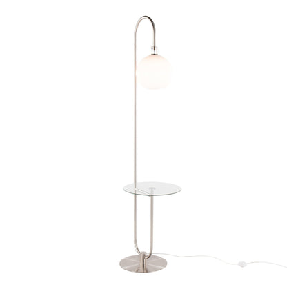 Trombone-style floor lamp by HouseOfZazla with arch and frosted globe plus glass table on Tampa Home & Garden Store