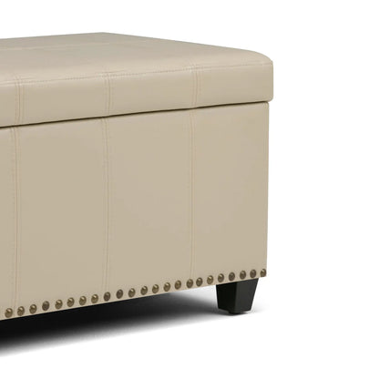 Amelia Transitional Storage Ottoman Bench beige leather with nailhead trim and dark wood legs on Tampa Home & Garden Store