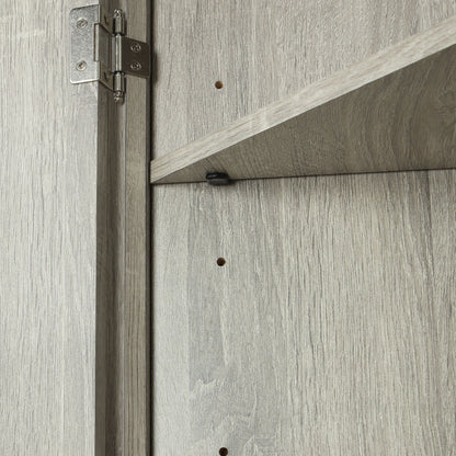 Linen cabinet door hinge close-up on gray wood grain panel with exposed screws on Tampa Home & Garden Store