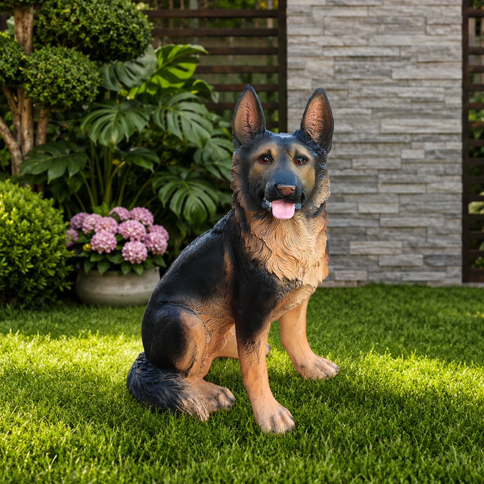 Outdoor German Shepherd garden statue by HouseOfZazla, lifelike black-tan coat on Tampa Home & Garden Store