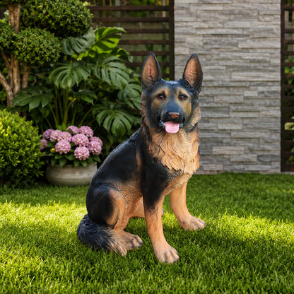 Outdoor German Shepherd garden statue by HouseOfZazla, lifelike black-tan coat on Tampa Home & Garden Store