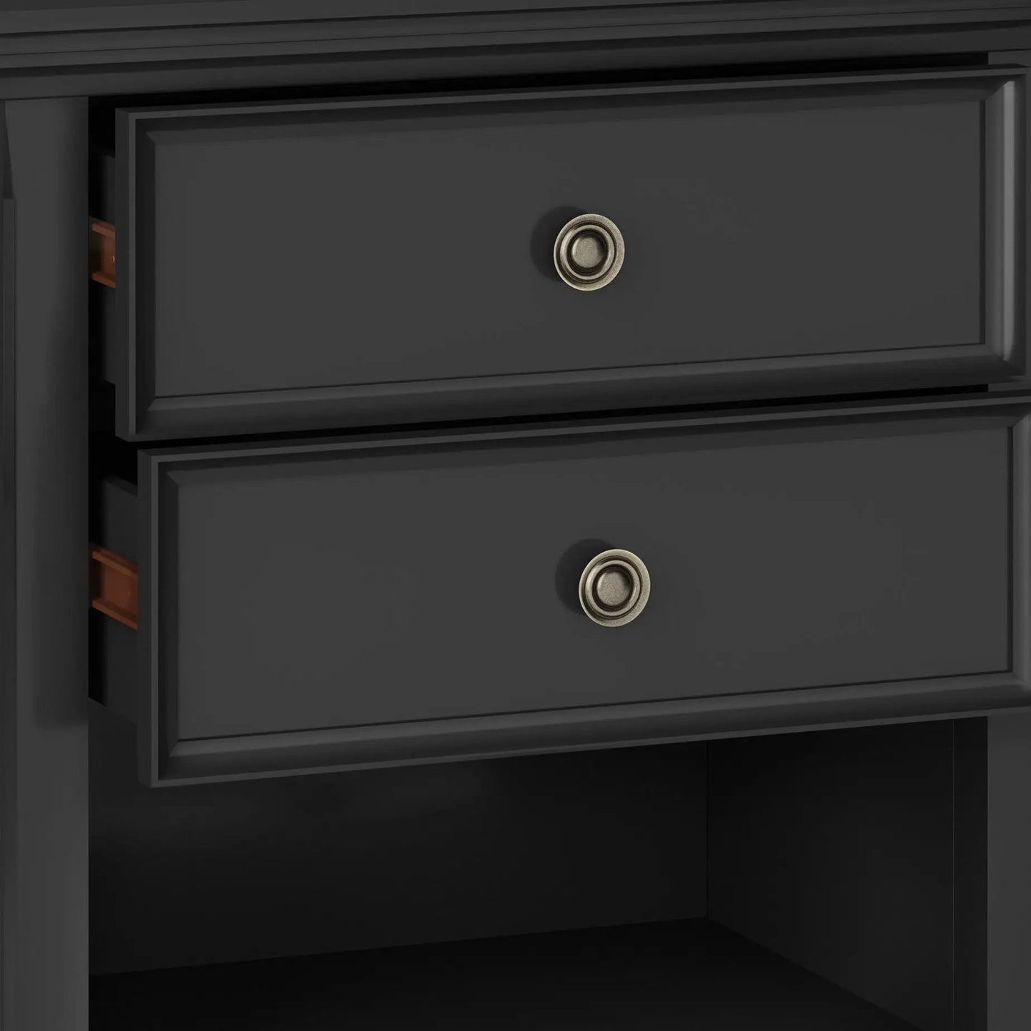 Amherst bedside table handcrafted two-drawer unit in dark gray with antique brass knobs on Tampa Home & Garden Store