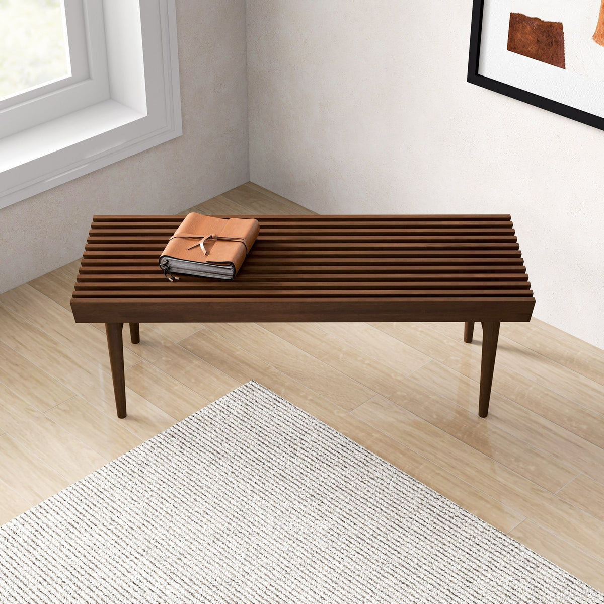 Dark brown wood accent bench Mia with solid wood frame and slatted top on Tampa Home & Garden Store