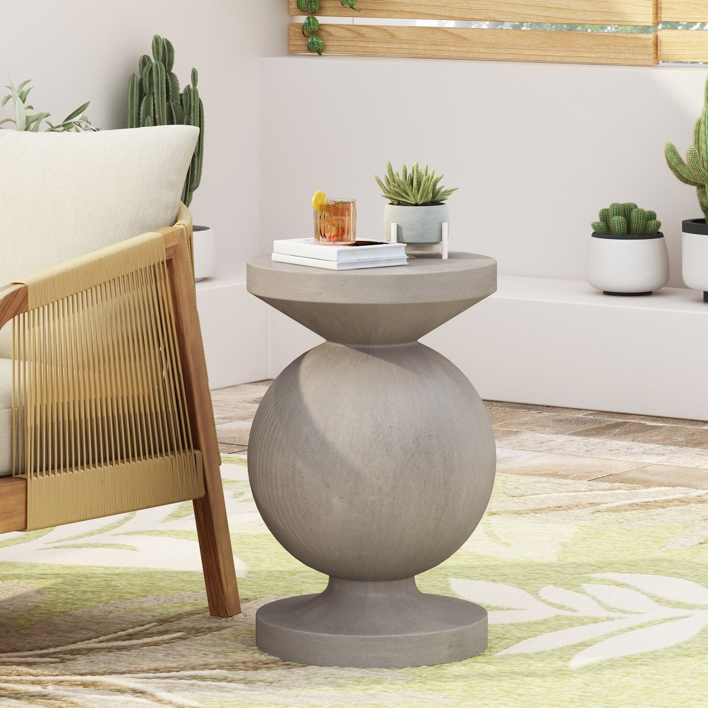 End table outdoor natural finish with concrete-style spherical base HouseOfZazla on Tampa Home & Garden Store
