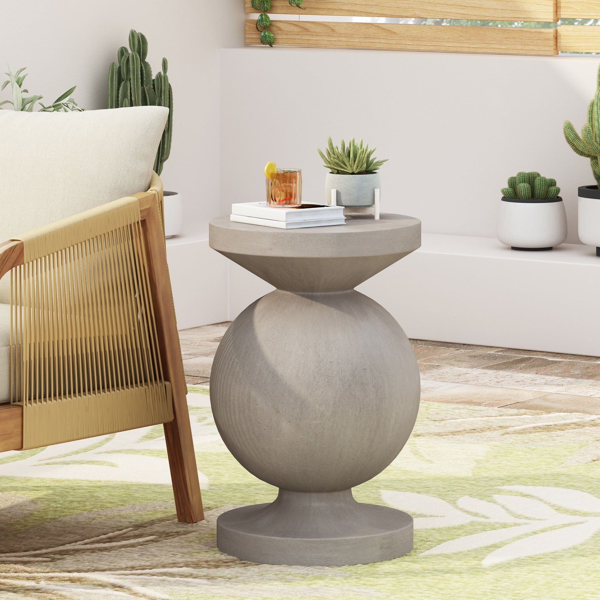 End table outdoor natural finish with concrete-style spherical base HouseOfZazla on Tampa Home & Garden Store