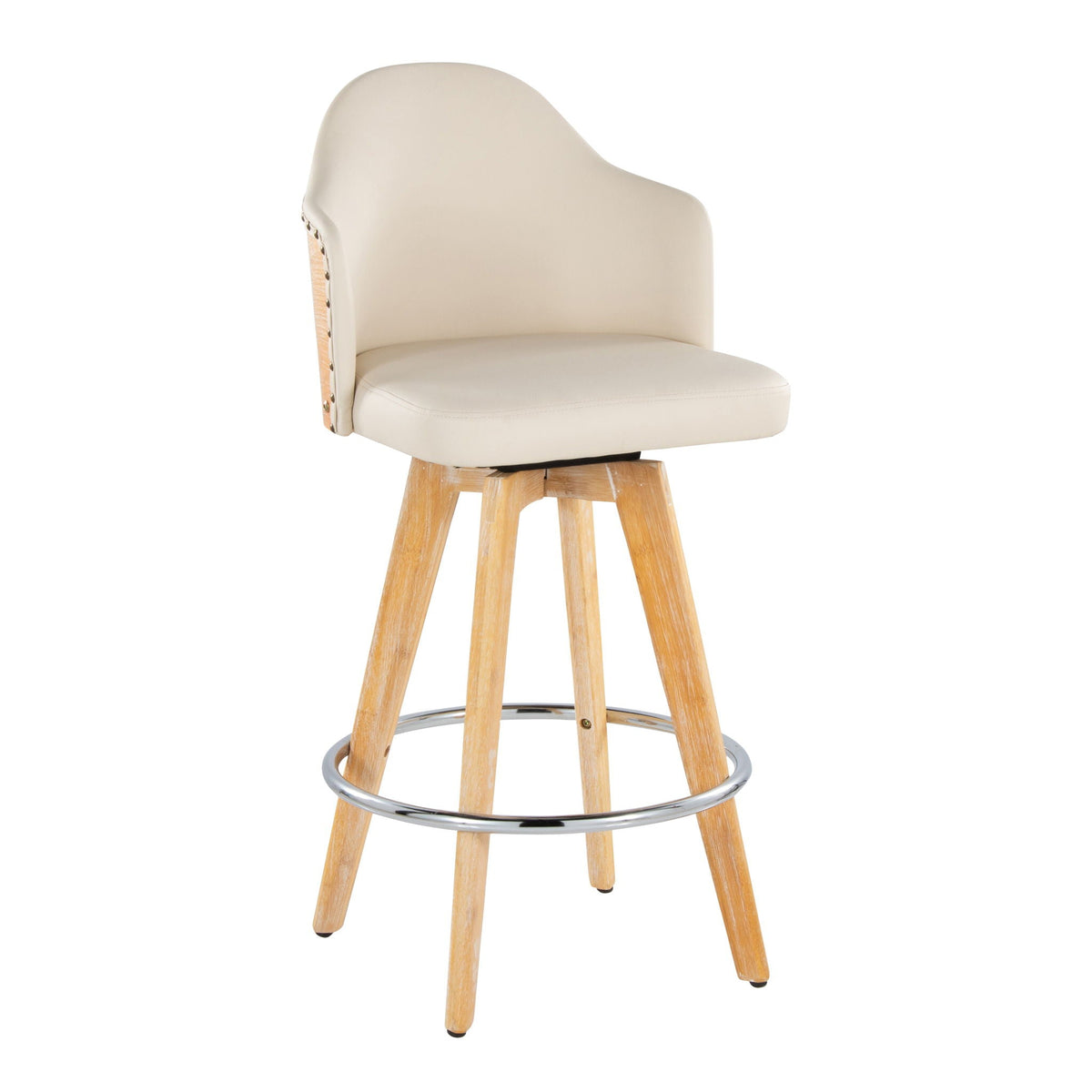 Contemporary fixed-height counter stool with beige upholstery, bamboo back and chrome footring on Tampa Home & Garden Store