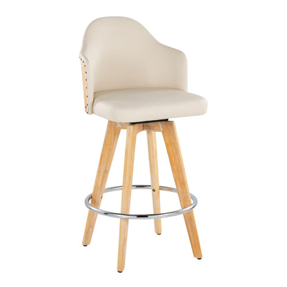 Contemporary fixed-height counter stool with beige upholstery, bamboo back and chrome footring on Tampa Home & Garden Store
