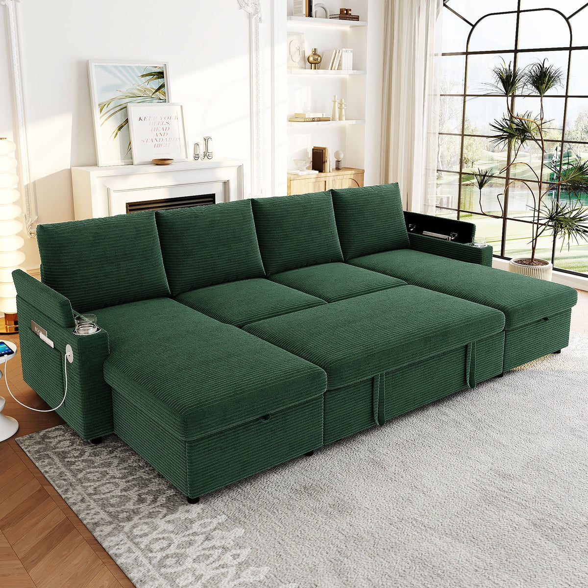 U shaped sleeper sectional in green with storage chaise USB ports cup holders HouseOfZazla on Tampa Home & Garden Store
