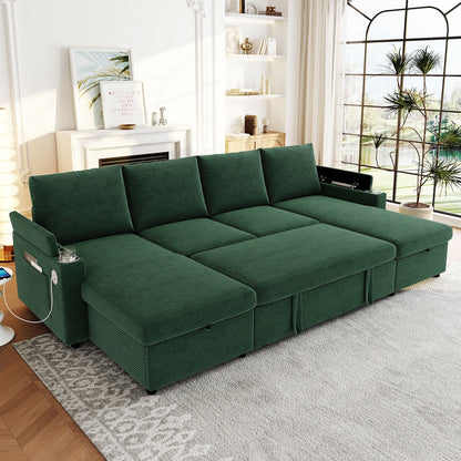 U shaped sleeper sectional in green with storage chaise USB ports cup holders HouseOfZazla on Tampa Home & Garden Store