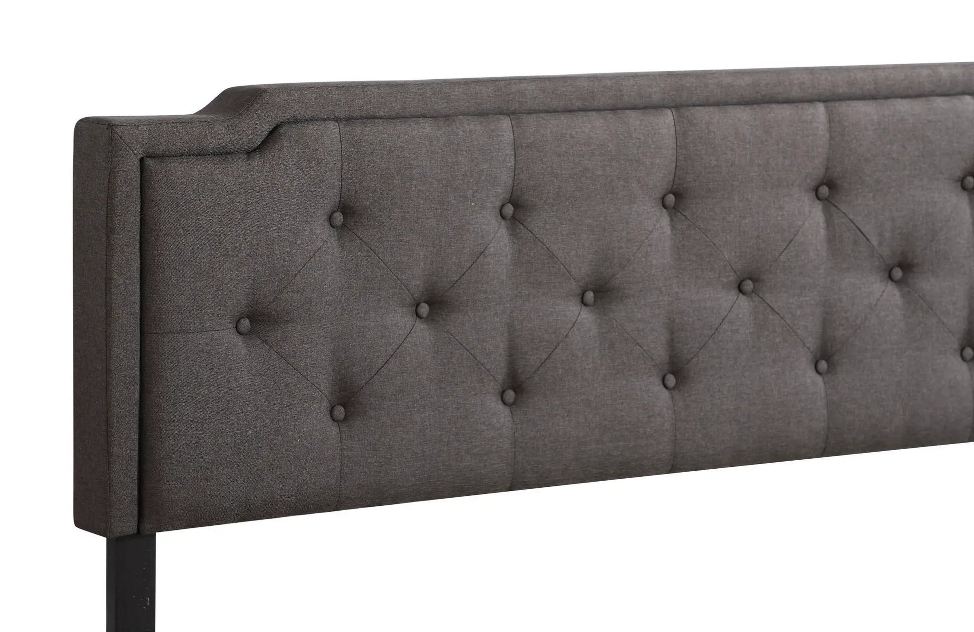 Button tufted upholstered bed headboard in gray fabric with diamond tufting and dark legs on Tampa Home & Garden Store