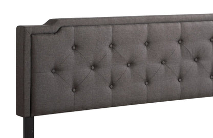 Button tufted upholstered bed headboard in gray fabric with diamond tufting and dark legs on Tampa Home & Garden Store