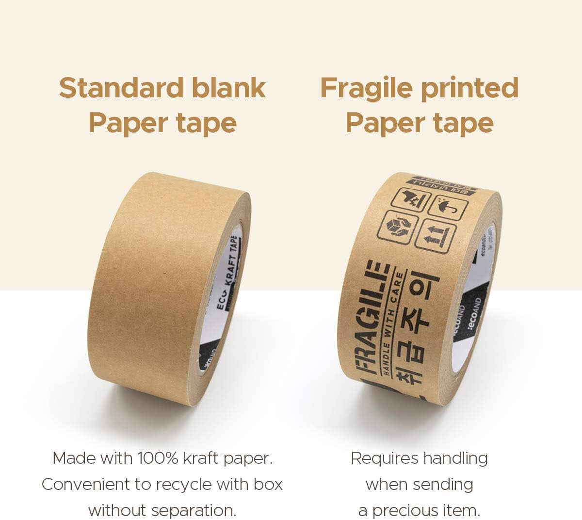 Eco Kraft Paper Packing Tape – 2" x 43 Yards Brown Writable Masking Tape – Heavy Duty, Recyclable, Tearable by Hand – Strong Adhesive for Shipping, Moving, Crafting & Storage
