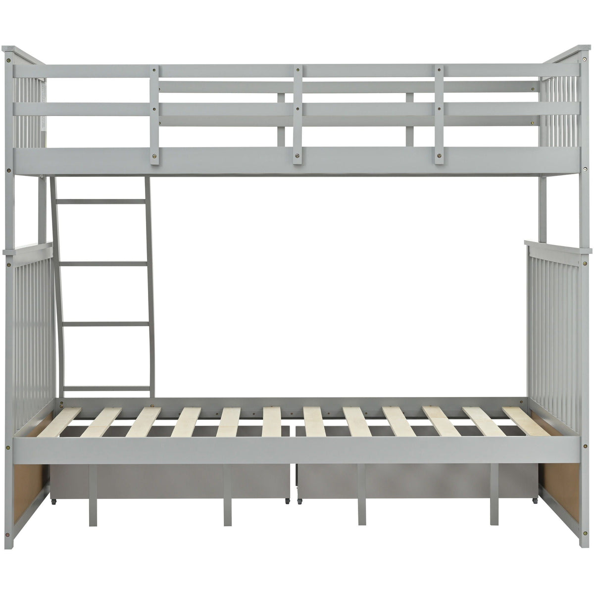 Bunk bed frame with ladder and safety guard rails in light gray metal on Tampa Home & Garden Store
