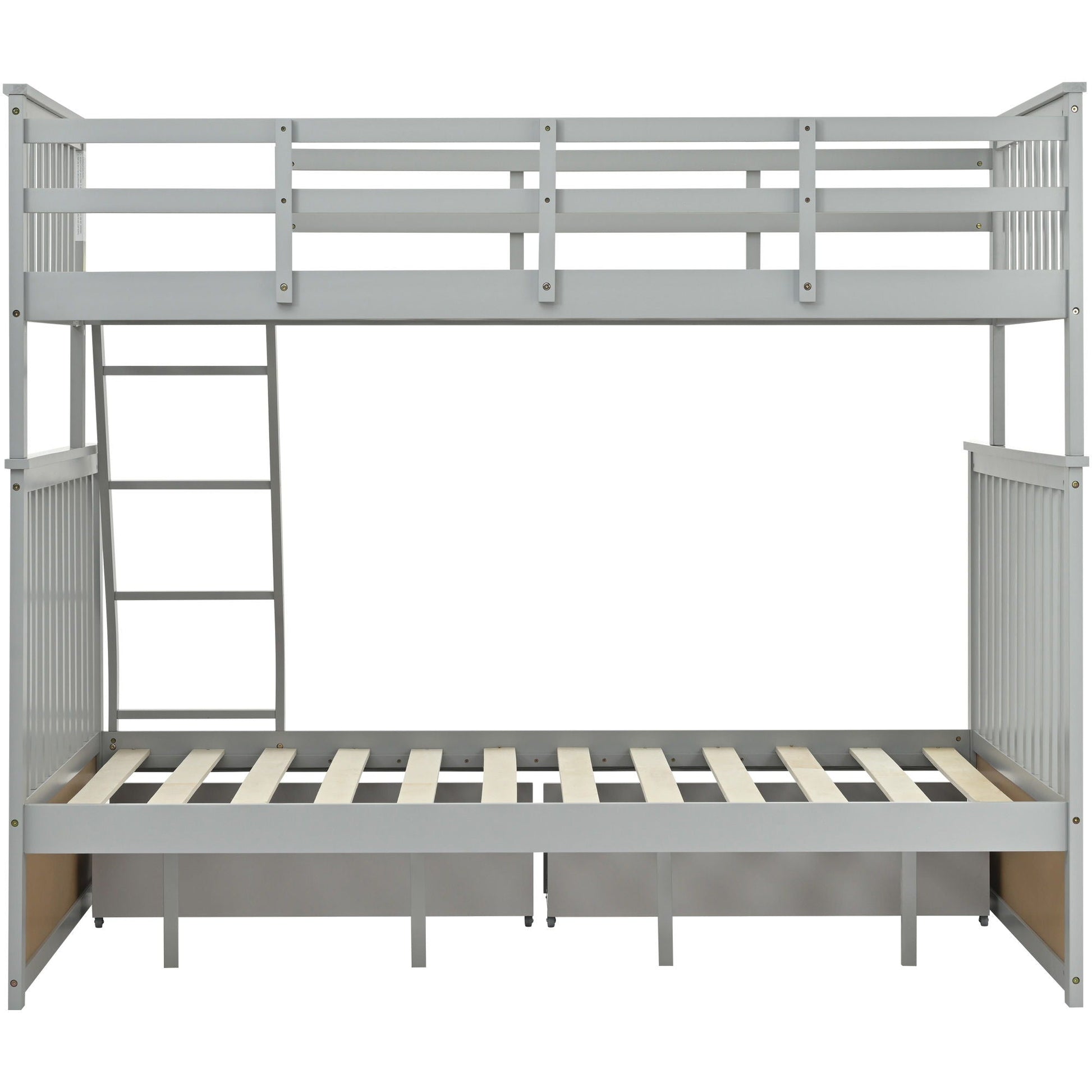 Bunk bed frame with ladder and safety guard rails in light gray metal on Tampa Home & Garden Store