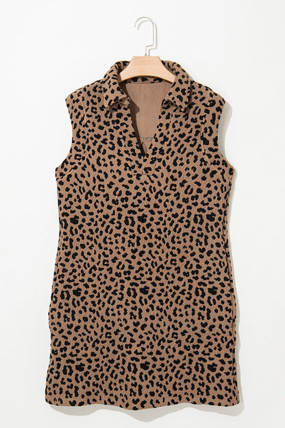 Leopard print sleeveless mini dress with tan base, black spots, collared neckline by Stevvex on Tampa Home & Garden Store