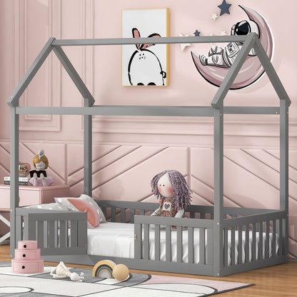 Wood House Bed With Fence And Door gray wooden platform bed frame by HouseOfZazla on Tampa Home & Garden Store