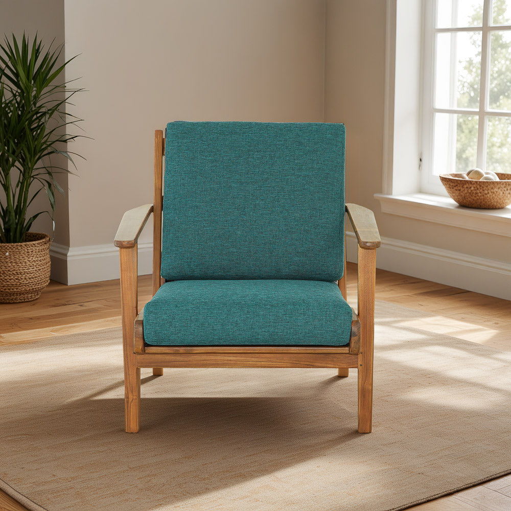 Modern Genuine Lounge Chair teal cushions, wooden frame, HouseOfZazla mid-century design on Tampa Home & Garden Store