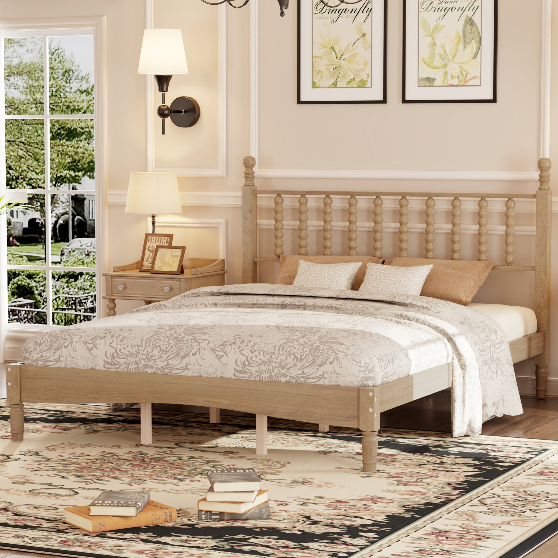 Queen Size Wood Platform Bed with Gourd Shaped Headboard by HouseOfZazla, light oak finish in a beige bedroom on Tampa Home & Garden Store