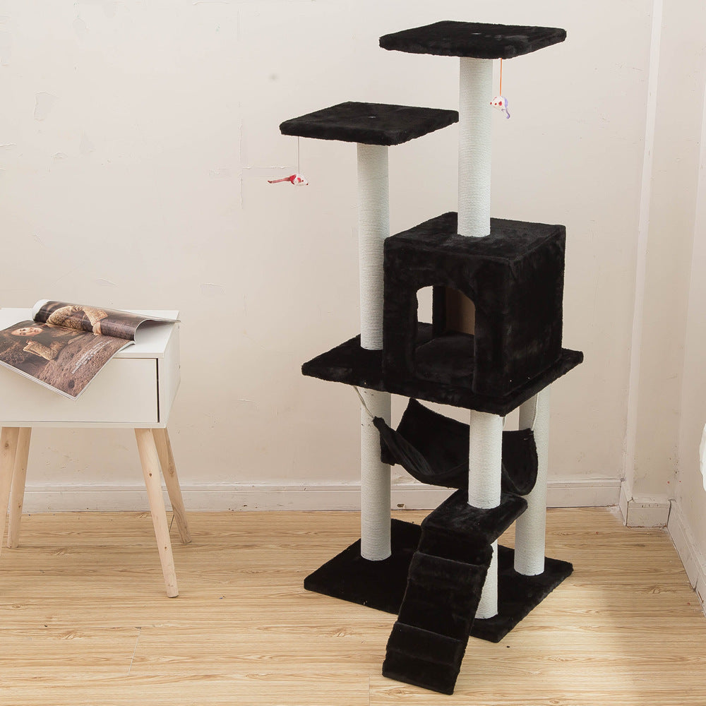 Cat climbing frame with black plush platforms, cubby, sisal posts, ramp, and toy mice on Tampa Home & Garden Store