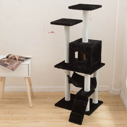 Cat climbing frame with black plush platforms, cubby, sisal posts, ramp, and toy mice on Tampa Home & Garden Store