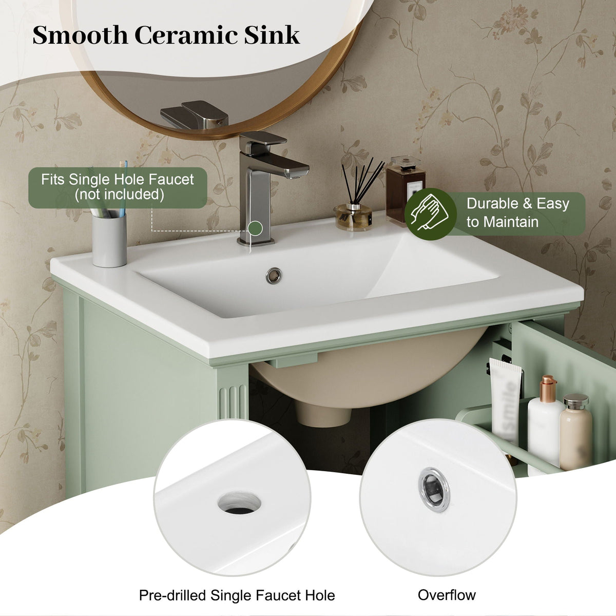 HouseOfZazla Retro Vanity With Sink, green cabinet, white ceramic sink, chrome faucet on Tampa Home & Garden Store