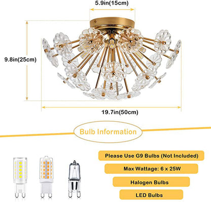 Gold flush mount ceiling light with crystal flower accents by HouseOfZazla, 19.7in wide on Tampa Home & Garden Store