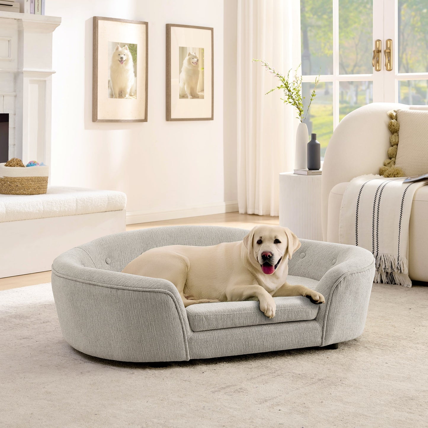 Oversized oval dog sofa bed in beige linen with plush interior by HouseOfZazla on Tampa Home & Garden Store