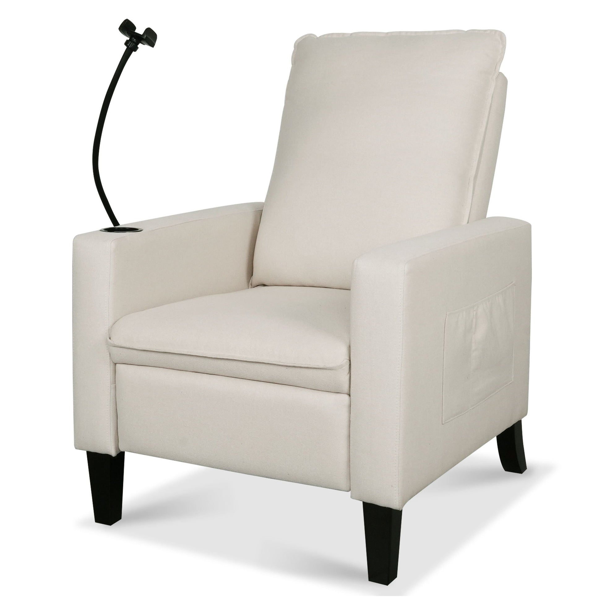 Recliner chair in beige fabric with cup holder and black legs on Tampa Home & Garden Store
