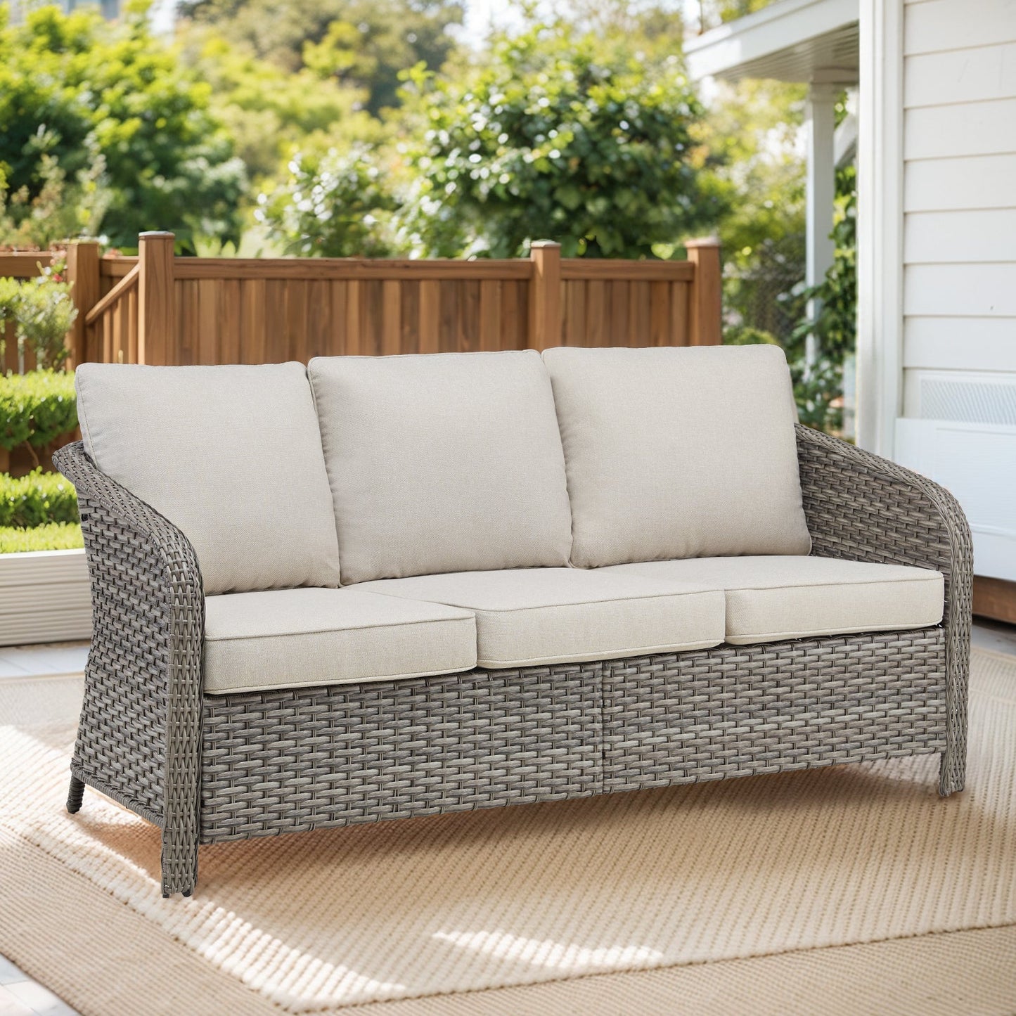 73.6in PE wicker rattan outdoor 3-seat sofa with beige cushions by HouseOfZazla on Tampa Home & Garden Store