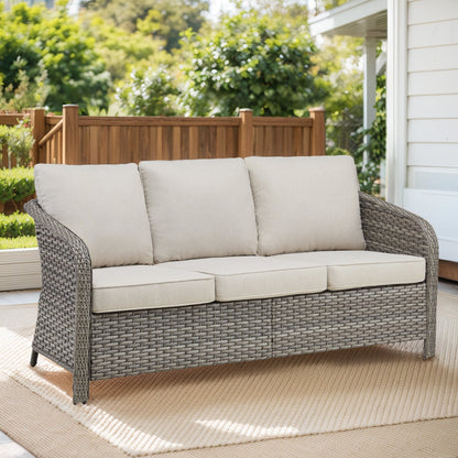 73.6in PE wicker rattan outdoor 3-seat sofa with beige cushions by HouseOfZazla on Tampa Home & Garden Store