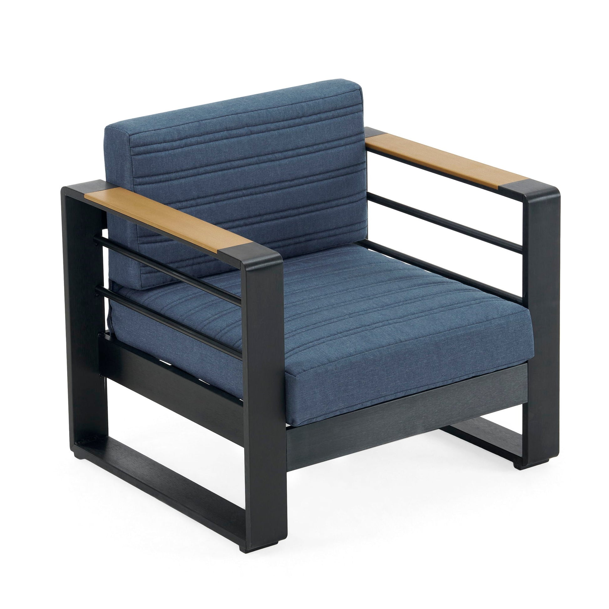 Giovanna Club Chair outdoor blue cushions with aluminum frame and wood armrests on Tampa Home & Garden Store