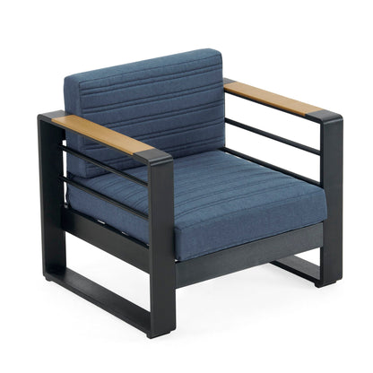 Giovanna Club Chair outdoor blue cushions with aluminum frame and wood armrests on Tampa Home & Garden Store