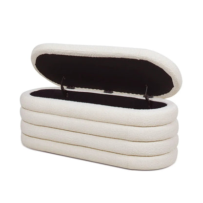 Fuji Upholstered Oval Storage Bench cream boucle fabric with black interior and hinged lid on Tampa Home & Garden Store