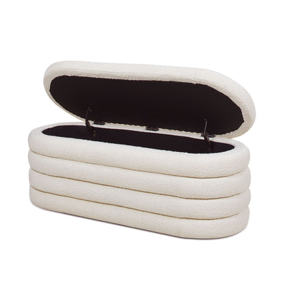 Fuji upholstered oval storage bench by HouseOfZazla in cream boucle fabric on Tampa Home & Garden Store