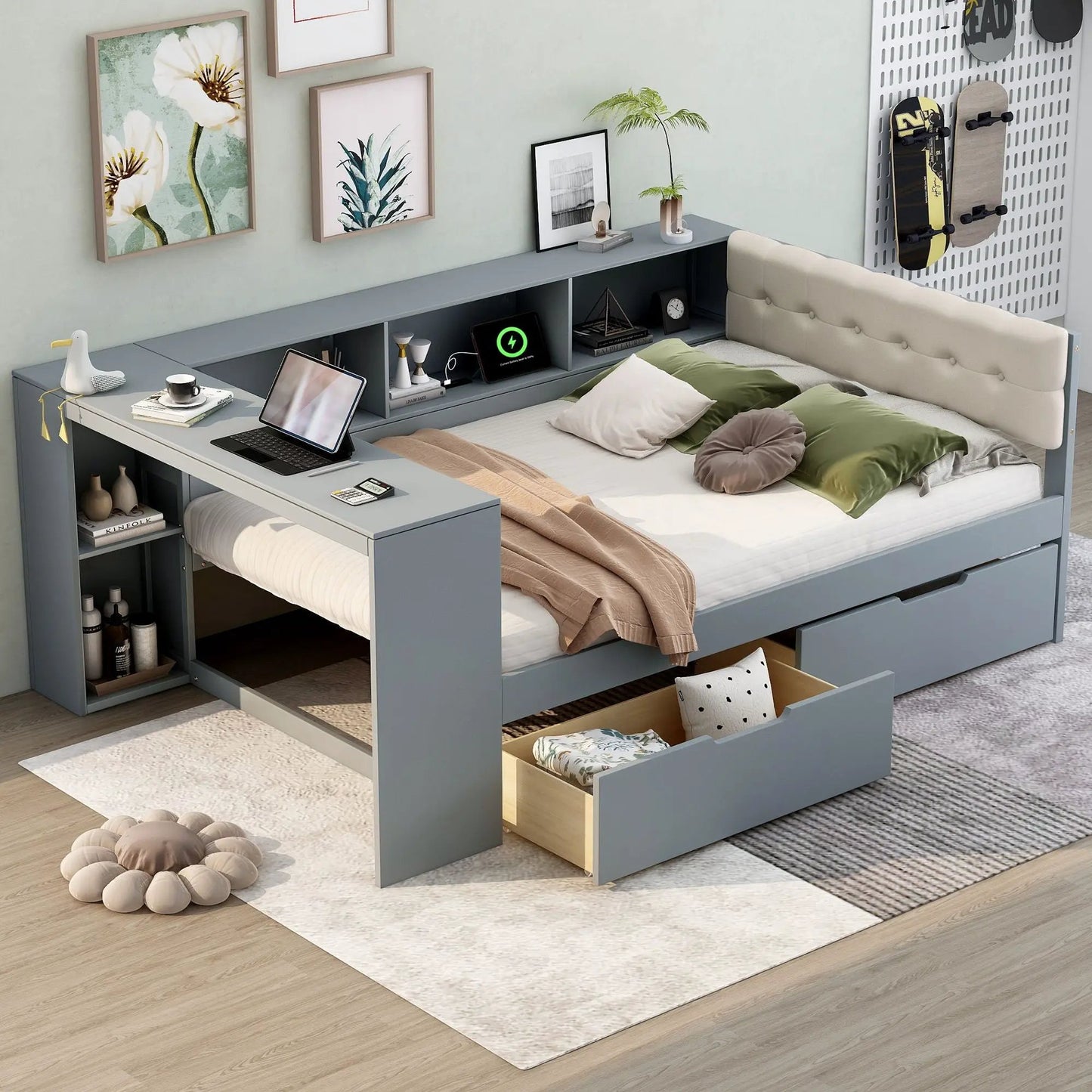 Upholstered Headboard Platform Bed with Storage