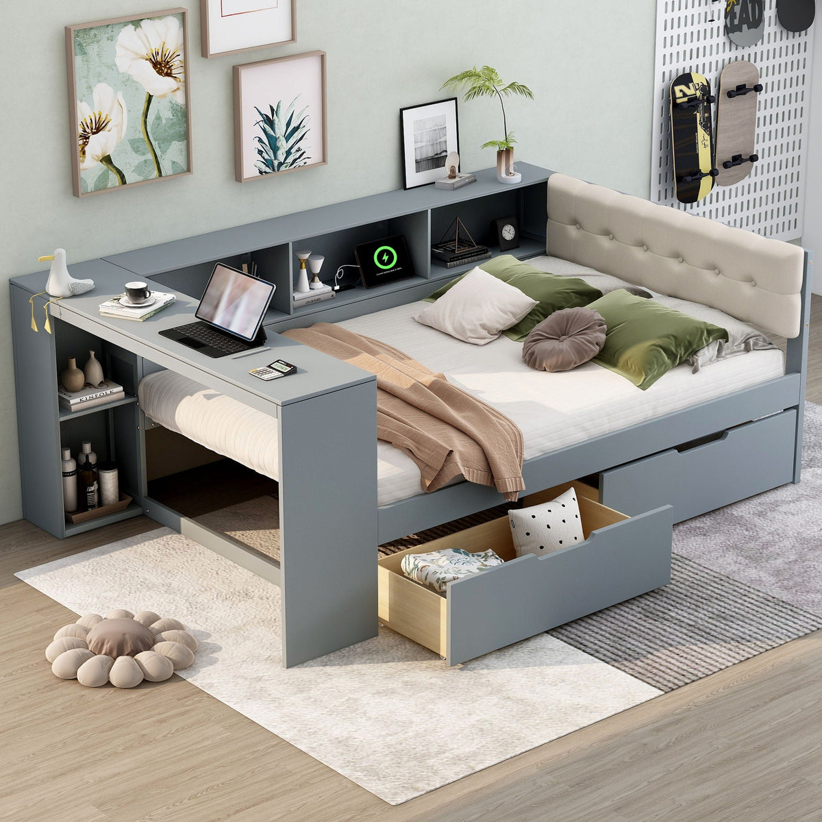 Upholstered storage bed with integrated desk, shelving, and drawers in blue-gray finish on Tampa Home & Garden Store