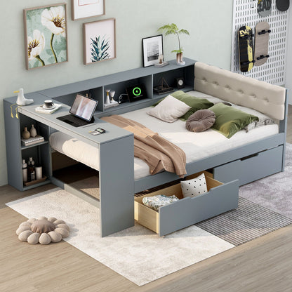 Upholstered storage bed with integrated desk, shelving, and drawers in blue-gray finish on Tampa Home & Garden Store