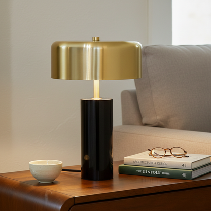 Small Desk Lamp with gold shade and black base by HouseOfZazla on wood table beside books on Tampa Home & Garden Store