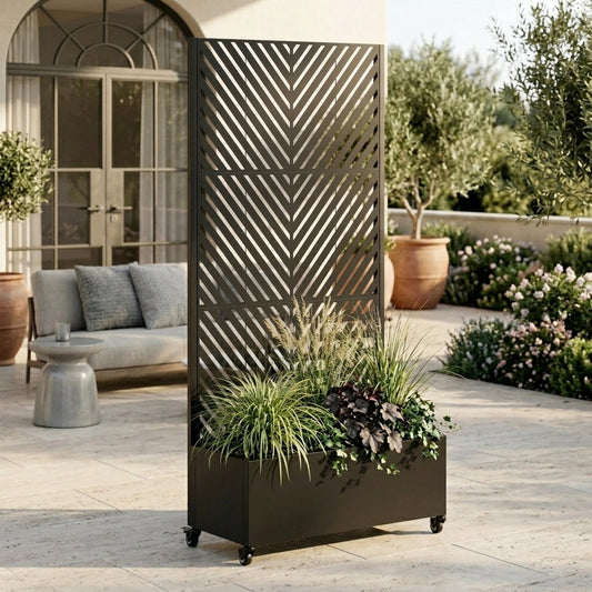 Metal planter box with trellis and wheels in silver, filled with ornamental grasses on Tampa Home & Garden Store