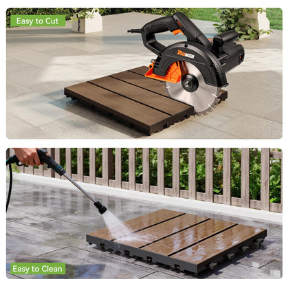 27 pcs interlocking HDPE deck tiles 12x12 in brown wood finish, cut with circular saw on Tampa Home & Garden Store