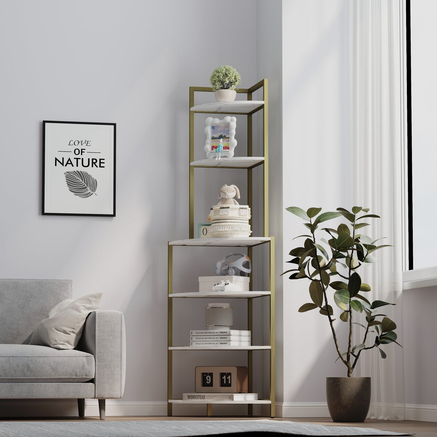 6-story corner open bookshelf, modern bookshelf, wooden frame, independent bookshelf unit, - Tampa Home & Garden Store