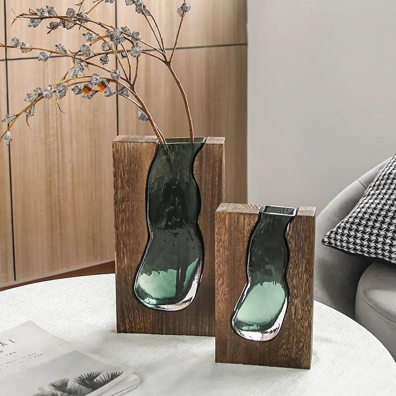 Nordic Solid Wood Transparent Glass Vase Ornament green glass on wood blocks FLIPSTYLEZLLC on Tampa Home & Garden Store