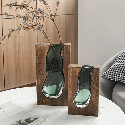 Nordic Solid Wood Transparent Glass Vase Ornament green glass on wood blocks FLIPSTYLEZLLC on Tampa Home & Garden Store