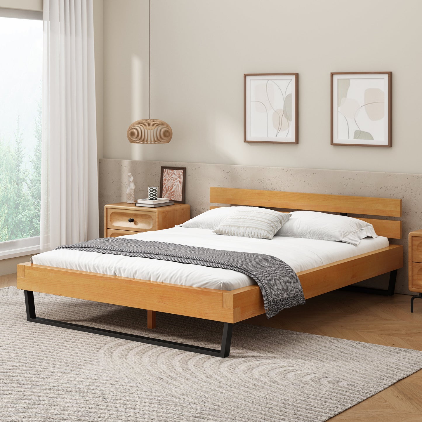 a Queen Pine Bed Frame and Black Iron Accents