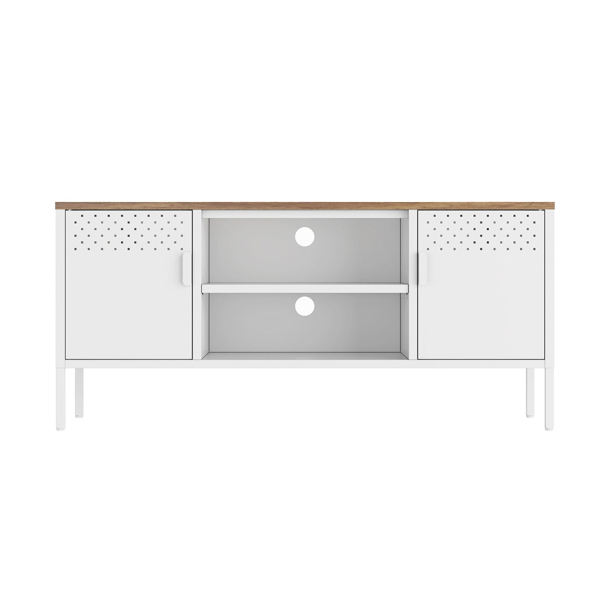 Storage Cabinet TV Stand with steel frame, white finish, wood top, dual cabinets on Tampa Home & Garden Store