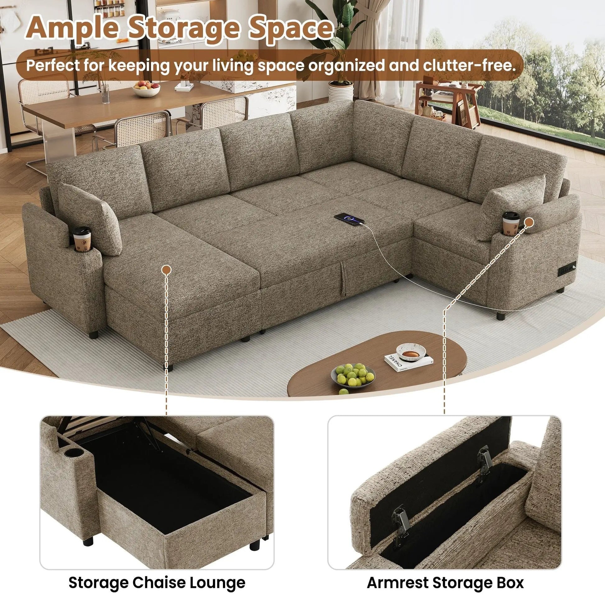 U-shaped brown sectional sofa bed with storage, charging ports, and cup holders on Tampa Home & Garden Store