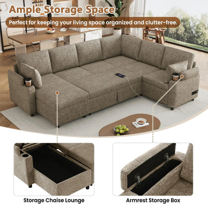 U-shaped brown sectional sofa bed with storage, charging ports, and cup holders on Tampa Home & Garden Store
