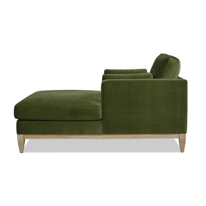 Modern farmhouse chaise lounge chair in olive green velvet with removable cushions on wood legs on Tampa Home & Garden Store