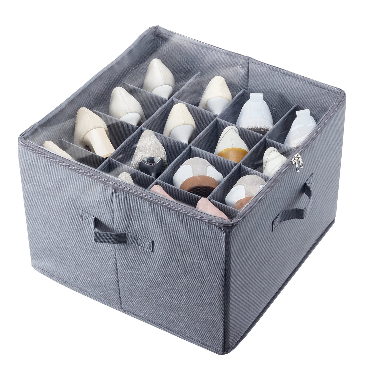 Under Bed Shoe Storage Organizer in grey fabric with divided shoe compartments; zippered top on Tampa Home & Garden Store