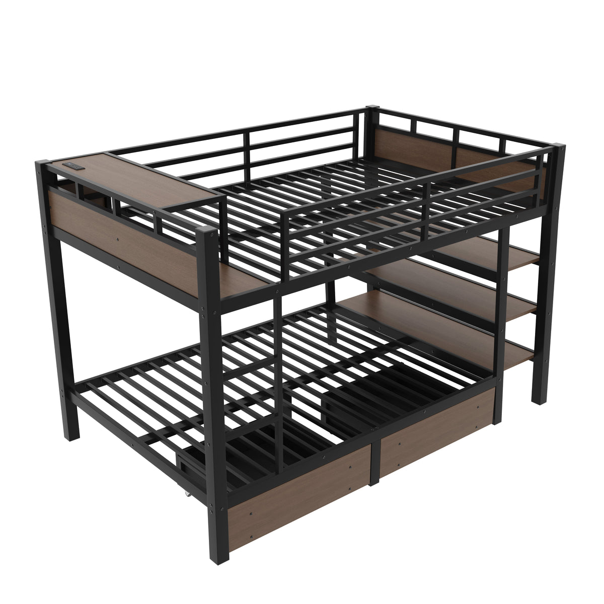 Full-size bunk bed in metal by HouseOfZazla with storage and USB power strip, black frame on Tampa Home & Garden Store